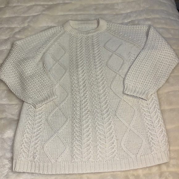 Vintage crew neck ivory cream cable knit tunic sweater pullover M L - Picture 11 of 12